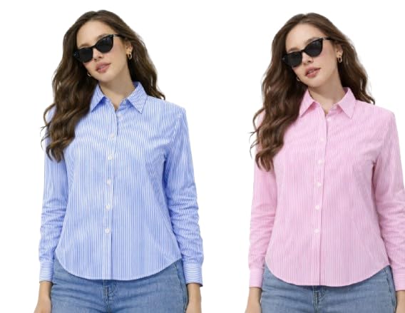 areal fashion Women Formal Striped Shirt | Cotton Blend Office Wear Full Sleeve Button Down Casual Workwear Top | Stylish Regular Fit Ladies' Shirt, Pack of 2-picture-25
