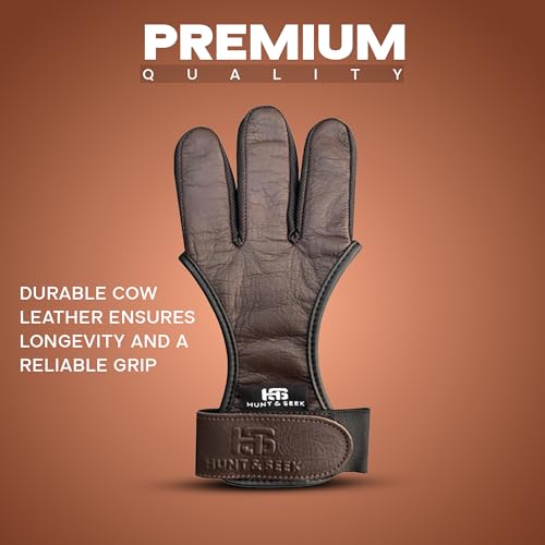 Hunt & Seek Cow Leather Thick Three Finger Archery Shooting Glove for Recurve & Compound Bow – Finger Tab Accessory (Brown, Small)