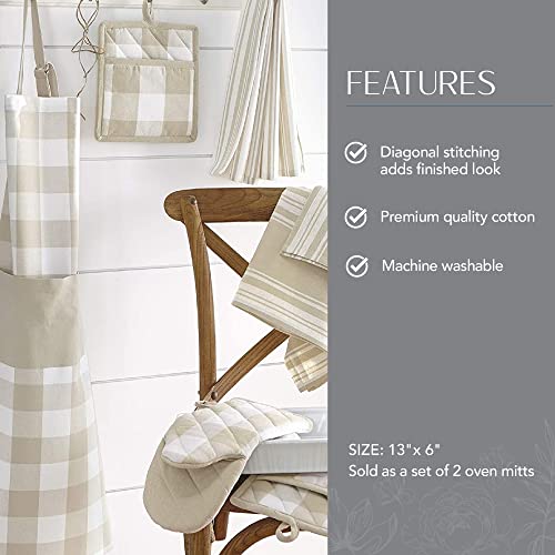 Elrene Home Fashions Farmhouse Living Buffalo-Check Oven Mitt Set, Rustic Kitchen Accessories And Essentials, Set Of 2, 13" X 6", Tan/White #TOP2