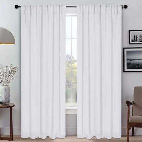 Superior Blackout Curtains, Room Darkening, Bedroom, Drapes, Kitchen, Living Room Window Accents, Sun Blocking, Thermal, 2 Pack, Solid Blackout Back Tab Curtains, Set of 2, 52" x 84", Snow White
