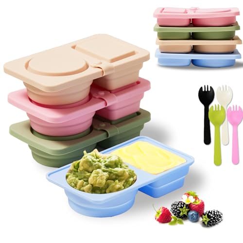 Set de 4 Recipientes de Silicona para Aperitivos con Tapa, Caja Pequeña Plegable con 2 Compartimentos, Recipiente Reutilizable a Prueba de Fugas para Snacks,Comidas,Frutas y Salsas,Portátil y Práctico