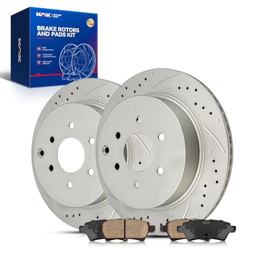 Image of KAX Rear Brake Kit, Drilled and Slotted Brake Rotors, Ceramic Brake Pads | Fits Nissan Pathfinder 2005 2006 2007 2008 2009 2010 2011 2012, Automotive Replacement Brake Kit