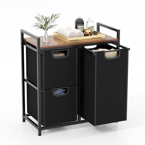 Giantex Laundry Hamper with Shelf, Laundry Basket Organizer with 3 Pull-Out Removable Bags, Top Storage Shelf, Metal Frame, Laundry Sorter 3 Section for Laundry Room Bathroom, Rustic Brown & Black