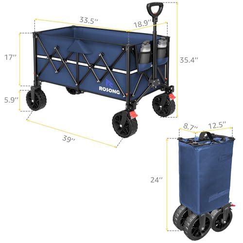Image of ROSONG Collapsible Wagon Cart with Wheels Foldable - Folding Utility Heavy Duty Wagons Carts for Grocery Sports Garden Shopping Camping Wheelbarrows (Navy Blue, 150L)