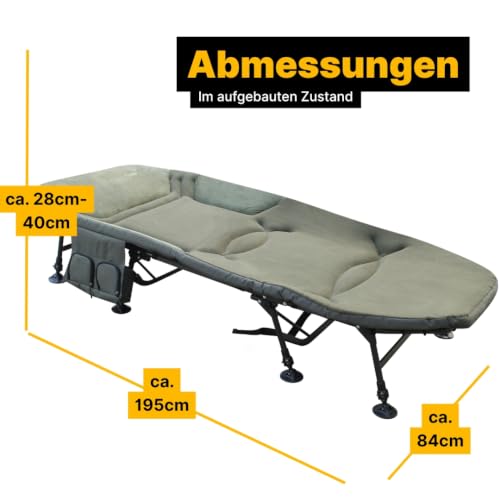 Foto von MK-Angelsport Karpfenliege XXL Vlies Angelliege Bed Chair 8-Bein Liege mit Matratze (195 x 84 x 40 cm) Campingliege Gästebett Fischerliege belastbar bis ca. 160kg