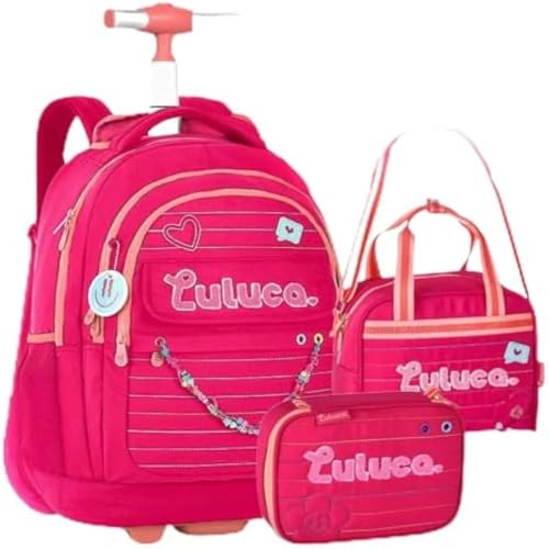 Kit Mochila Lancheira e Estojo Escolar da Luluca com Rodinha e Alca de Costas - Rosa