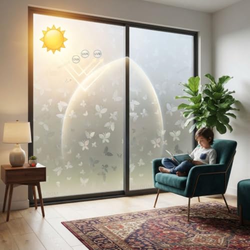 Image of WISDOM Butterfly Frosted Window Privacy Film Self-Adhesive Decorative Glass Film UV Blocking Heat Control Removable No Glue Window Covering for Home, Office, Bathroom 16x36