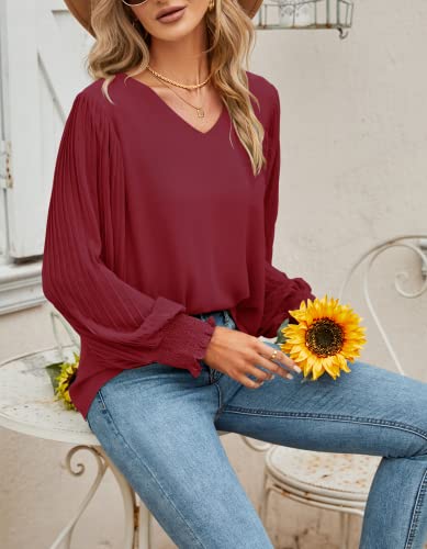 Business Casual Tops For Women,V Neck Chiffon Work Blouse Elegant Long Balloon Sleeve Shirts Flattering Semi Formal Wedding Guest Tops Teacher Clothes Wine Red #TOP2