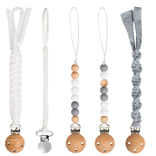 R HORSE 5 Pack Babies Pacifier Clips 9.1 Inch Pacifier Leashes Metal Teething Clips Teether Toy with Braided Cotton Rope Chewbeads Pacifier Toys for Baby Boys Girls Baby Shower Birthday Christmas