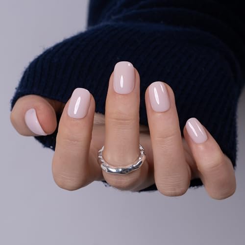 Image of Curvlife Press on Nails Milky White Short Square Acrylic Fake Nails with Apricot Design Full Cover Glossy Nude Glue on Nails Artificial for Women 30Pcs