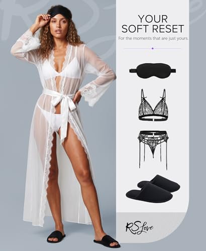 Image of RSLOVE Lingerie for Women Sexy Long Lace Kimono Robe Mesh Chemise Lace Gown Swimsuit Cover Up