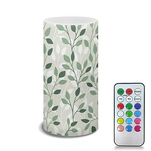 Image of Leaf Green Flameless Light Candles Home Table Ornaments, Battery Operated Candles with Color Changing Timer Remote Control Fake Pillar Candles Tealights Spring Home Decoration