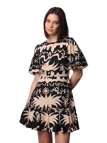 Image of ONLY Floral Print Round Neckline A-Line Dress | Detachable Waist Belt | Balloon Sleeves | Flared Skirt
