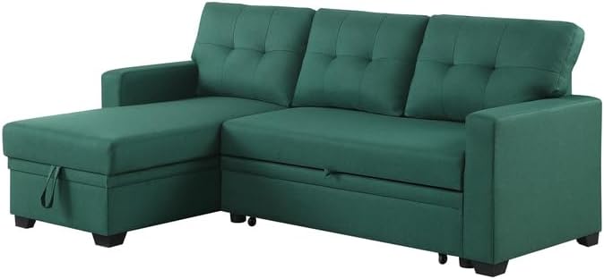 HomeStock City Chic L-Shaped Fabric Reversible, Easy Convertible Pull-Out Sleeper Sectional Sofa Green