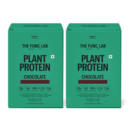 Image of The Func. Lab Plant Protein - Chocolate Travel Packs | (4 * 35g Sachets) Pack of 2 | 28g Protein per Scoop | Pea and Rice Blend | Vegan, Sugar‑Free, 100% Clean Label, Gut Friendly, Vegetarian