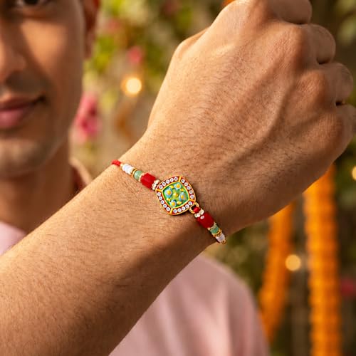 Image of Peora Rakhshabandhan Thread Rakhi for Brother Bhaiya | Crystals & Kundan Studded | Combo, Set of 3 | Rakhi Hamper with Roli Chawal & Greeting Card