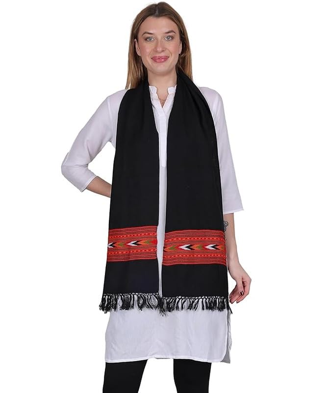 w+ Premium Handwoven Wool Muffler – Embroidered Black 1 Patti Design | Cozy and Warm Scarf for Men and Women | Traditional Pure Wool Craftsmanship for Winter Fashion (Black)-picture-0