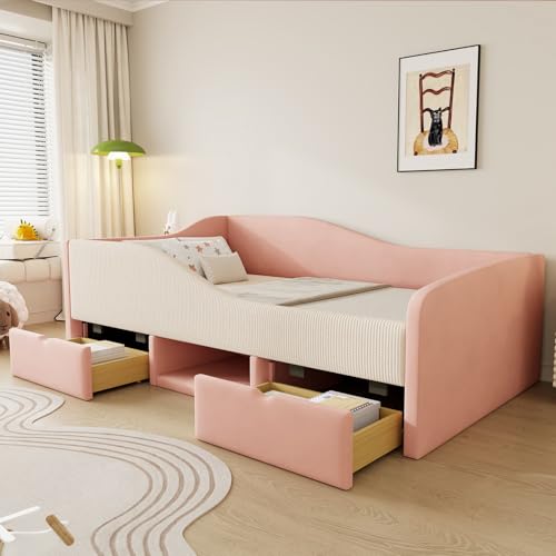 PUGSDRLY Lit Enfant 1 Place 90x190cm,Canapé Lit Velours,avec 2 Tiroirs et Barrières,pour garçons et Filles,sans Matelas (Rose-B)