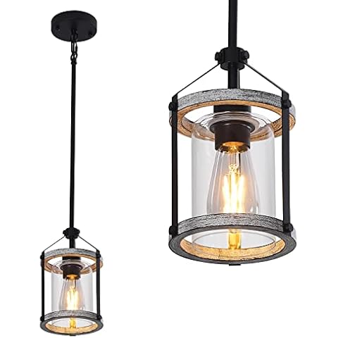 Farmhouse Glass Pendant Light Fixtures,Wood Pendant Light,Adjustable Rustic Farmhouse Pendant Light for Foyer, Sink, Kitchen Island, Porch (1 Light) Cover