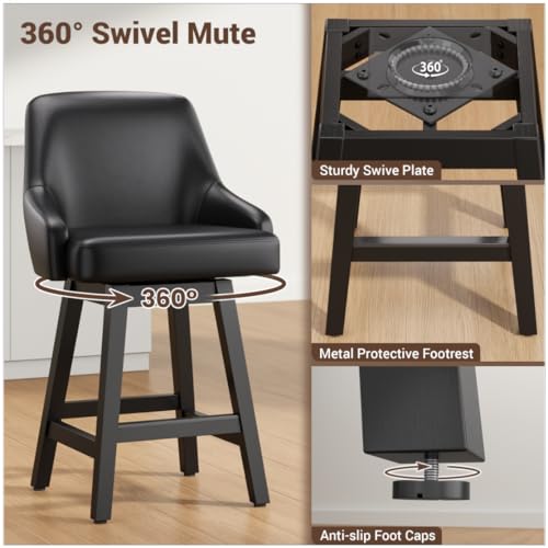 Image of YaFiti Swivel Counter Height Bar Stools Set of 2, 24 inch Modern Faux Leather Barstools with Back, Widen Upholstered Seat, Hardened Wood Legs for Kitchen Counter, Island, Dining Room, Black