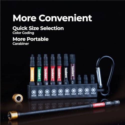 Image of toolant Square Drive Bit Set, Square Impact Driver bits S2 Steel, Robertson Driver Bits Magnetic CNC Tips, 1 inch, 2 inch, 6 inch Long 1 /4 inch Hex-Shank with Storage Box, 11pcs #0, 1, 2, 3, and #4