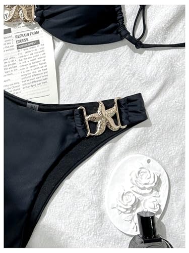 MakeMeChic Women's Bikini Sets Metal Ring Ruched Tie Backless Bathing Suit Swimsuits4