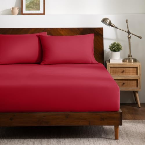 Bare Home Fitted Sheet + Pillowcase Set - Luxury 1800 Ultra-Soft Microfiber - Double Brushed - Deep Pockets - Easy Fit - Fitted Sheet and Pillowcases (Queen, Red)