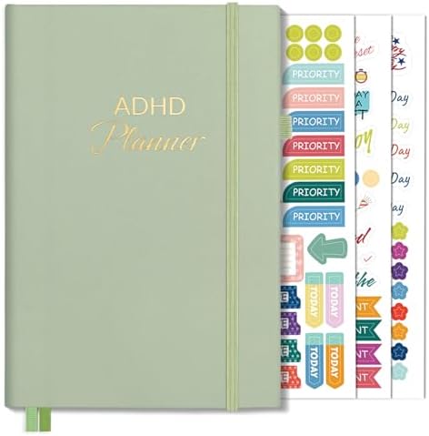 SUNEE Adhd Daily Planner for Adults,3-Month Undated Daily Weekly Monthly Planner for Productivity, Goal Setting, Time Management, Work & Life - for Men & Women,Vision Board + Stickers,Sage Green