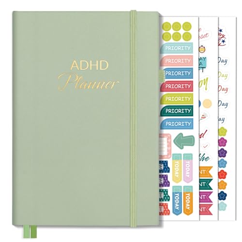 SUNEE Adhd Daily Planner for Adults,3-Month Undated Daily Weekly Monthly Planner for Productivity, Goal Setting, Time Management, Work & Life - for Men & Women,Vision Board + Stickers,Sage Green