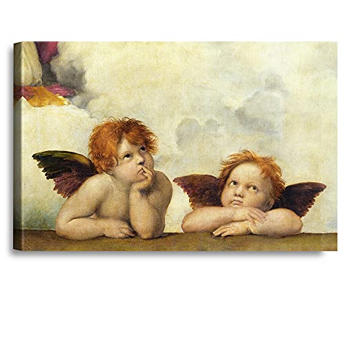A&T ARTWORK Two Angels Cherubs (detail of the Sistine Madonna) by Raphael The World Classic Art Reproductions, Giclee Canvas Prints Wall Art for Home Decor, 24x16 inches