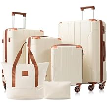 6 Piece Hardshell Luggage Sets, Durable and Lightweight ABS Travel Luggage with Spinner Wheels, TSA Lock, Carry On Suitcase for Family Trips White Brown