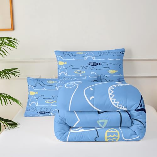 Image of Cartoon King Kids Shark Comforter Set,Blue Shark Boys King Quilt Bedding Set,King Quilt Fish Theme,Ocean Themed Bedroom Decor Kids