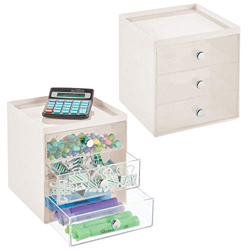 mDesign Organizador de Escritorio con 3 cajones – Cajonera pequeña para bolígrafos, Clips, Notas, etc. – Compacto gavetero de plástico para Mesa de Oficina – Juego de 2 – Crema y Transparente