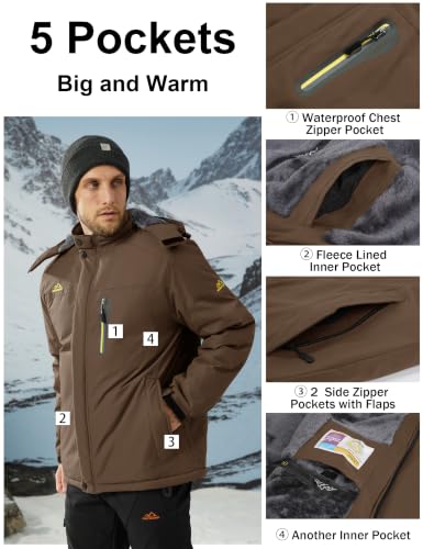 Miniatura 5 de Magcomsen Hombre Impermeable Abrigos Cálidos Al Aire Libre Chaqueta De Esquí Chaqueta A Prueba De Viento Para Hombre Chaquetas De Senderismo De Invierno Con Forro Polar Café, M