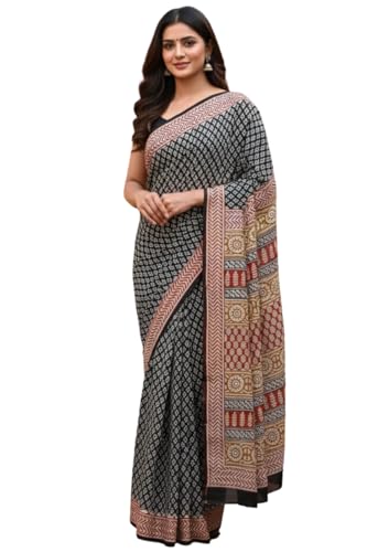 Image of Mulmul Cotton Saree for Women with Blouse Piece | Ajark Sarees | Hand Block Prints Sari | Bagru Print | Soft Mul Cotton Sadi