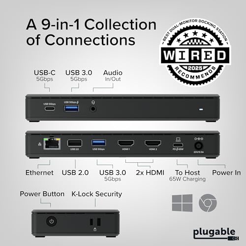 Image of Plugable USB C Docking Station Dual Monitor 2 HDMI Ports, Power Delivery Dock, Dual 4K Monitor for Windows, ChromeOS, 1x USB-C, 3X USB, Ethernet, and Audio - Driverless (UD-MSTH2)