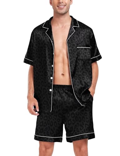 Image of SWOMOG Men Satin Silk Pajamas Sets Short Sleeve Sleepwear Button-Down PJs Sets Two-Pieces Loungewear with Pockets