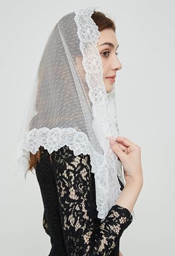 FANFAN Triangle Catholic Chapel Veil for Women - Elegant Lace Mantilla Head Covering for Latin Mass, Church & Prayer - Ivory White Religious Veil Accessories (Ivory)