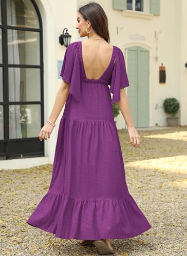 Image of Kikibell Women Summer Dresses Sexy V-Neck Maxi Dress Tiered Silhouette with Flutter Sleeve Backless Elastic Waist Flowy Dress
