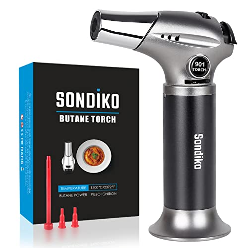 Image of Sondiko Refillable Lighter, Fit All Butane Tanks with Safety Lock, Adjustable Flame and Continuous Mode Kitchen Torch for Dessert, Baking, BBQ