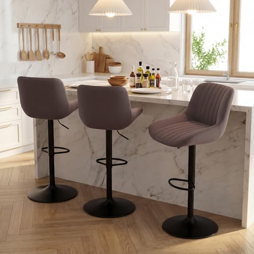 Image of Nalupatio Bar Stools Set of 3, Adjustable Modern Swivel Bar Stools with Backs, Counter Height Performance Fabric Island Chairs for Home Kitchen, Dark Brown