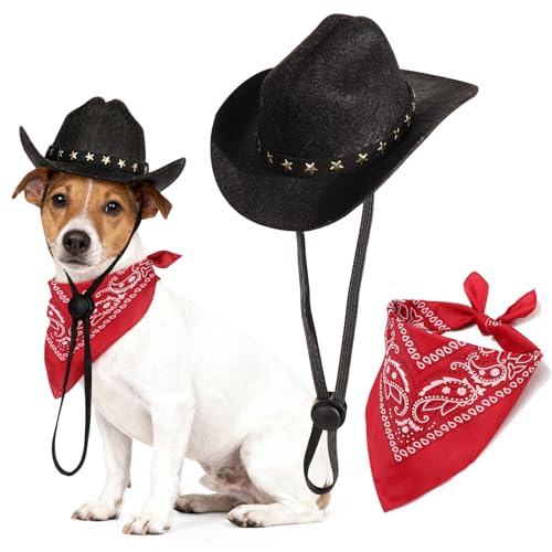 Pet Cowboy Costume Dog Cowboy Hat with Bandana Scarf Adjustable Cat Cowboy Hat for Party Cosplay Christmas Halloween Cowboy Costumes for Small Pet Dogs Cats (Black Medium)