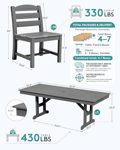 Image of SERWALL 9 Piece 84 inch HDPE Outdoor Dining Set for 8 with Armless Chairs and Umbrelle Hole, Gray