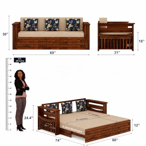Image of Ganpati Arts Solid Sheesham Wood 3 Seater Italian Sofa Cum Bed with Side Pocket for Living Room Bedroom Wooden Bedroom Furniture for Home 1 Year Warranty (Natural Finish)