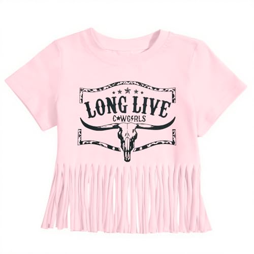 Image of Girls Western Shirt Cowgirls Embroidered Country Concert T Shirt Graphic Horseback Rider Tassel Fringe Tee Tops