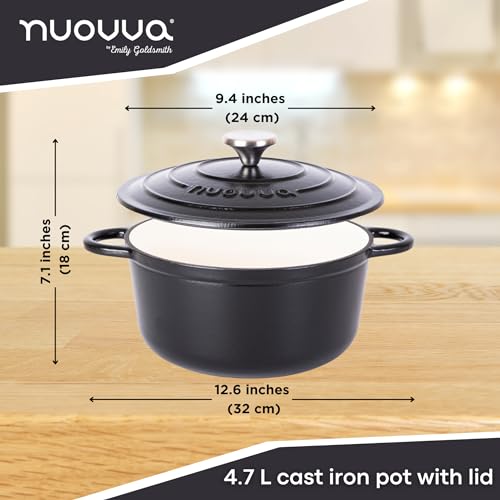 Nuovva Enamelled Cast Iron Dutch Oven Pot with Lid – 5 Quart Casserole Dish – Ceramic Dutch Oven for Bread Baking, Roasting, Braising & Stews – Oven Safe up to 500°F – 24cm Black