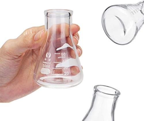 Glass Measuring Set, JESSTOLO 50ml Glass Erlenmeyer Flask, 50ml Glass Beaker, 10ml / 5ml Graduated Cylinder, with 3 Glass Dropper, 2 Cleaning Brush and 2 Glass Stirring Rod for Laboratory Chemistry