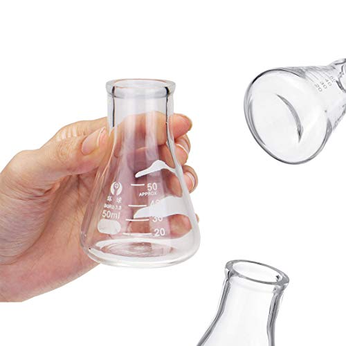 Glas Erlenmeyerkolben Set, JESTOOLO 50 ml Becherglas, 50 ml Konisch Fläschchen, 10 ml/5ml Messzylinder Glas mit 3 Glas Pipetten, 2 Waschbürste und 2 Glasstab, für Labor Lebensmittel Forschung Medizin