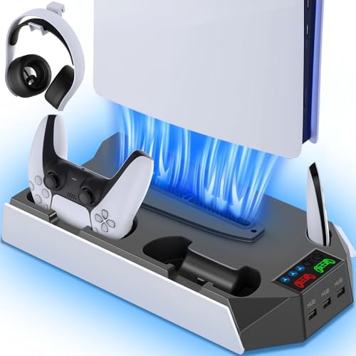 NiGamKo PS5/Slim/Pro Cooling Station with Controller Charging Station for PlayStation 5/Slim/Pro Console, PS5 Stand with Cooling Fan - Accessories Incl Headset Holder, 3 USB Hub,White & Black