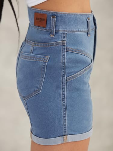 Image of Dolce Crudo Women's Relaxed Fit Mid-Rise Denim Shorts with Adjustable Waist & Frayed Hem